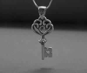 Unique 925 Silver Key Pendant With Heart, Handmade Jewelry