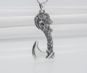 Sterling Silver Axe Necklace with Dragon, Handmade Viking Jewelry