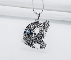 Unique 925 Silver Raven Pendant With Gem, Handmade Jewelry