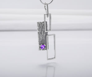 Geometric 925 Silver Pendant With Wood Texture And Purple Gems, Handmade Jewelry