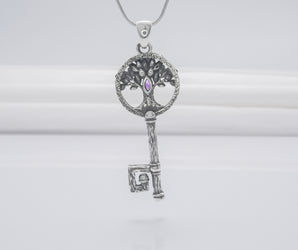Sterling Silver Key Pendant With Yggdrasil Tree And Gem, Fashion Handmade Jewelry