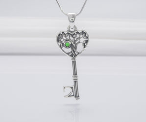925 Silver Yggdrasil Tree Key Pendant With Green Gem, Unique Handmade Jewelry