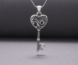 925 Silver Yggdrasil Tree Key Pendant With Green Gem, Unique Handmade Jewelry