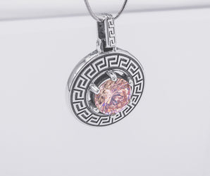 925 Silver Meander Pendant with Gem, Handmade Greek Jewelry