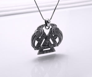 925 Silver Ravens Pendant with Triquetra Symbol and Norse Runes, Handmade Viking Jewelry