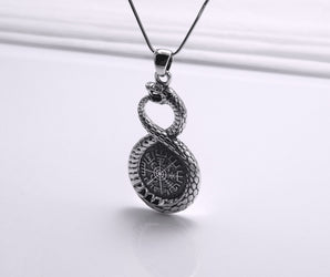 Sterling Silver Ouroboros Pendant with Vegvisir Symbol, Handmade Viking Jewelry