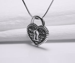 Sterling Silver Heart Shape Keyhole Necklace with Floral Ornament, Handmade Fashion Jewelry