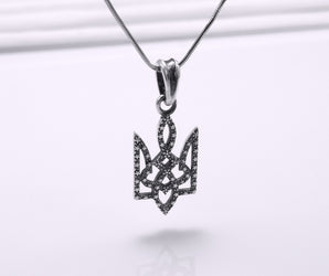 Sterling Silver Ukrainian Trident Pendant with Flowers, Made in Ukraine Jewelry