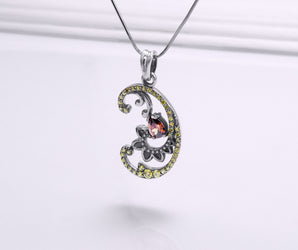 925 Silver Pendant with Paisley Floral Ornament and Gems, Handmade Jewelry