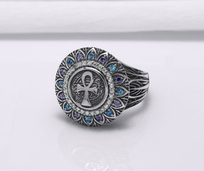925 Silver Ankh Signet Ring with Gems and Leaves Texture, Handcrafted Egypt Jewelry