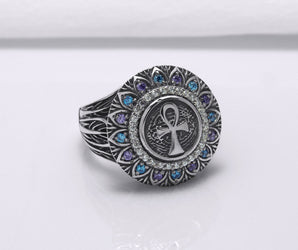 925 Silver Ankh Signet Ring with Gems and Leaves Texture, Handcrafted Egypt Jewelry