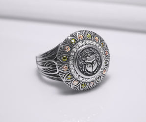 925 Silver Scarab Ring with Leaves Texture and Gems, Handcrafted Egypt Jewelry