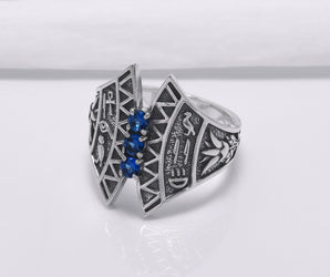 925 Silver Lotus Ring with Egypt Symbols, Handcrafted Jewelry