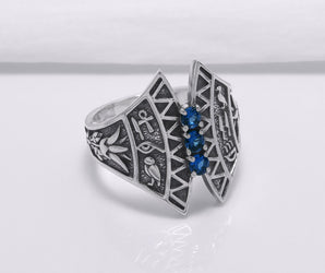 925 Silver Lotus Ring with Egypt Symbols, Handcrafted Jewelry