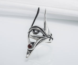 Sterling Silver Anubis Pendant with Eye of Horus, Handmade Egypt Jewelry