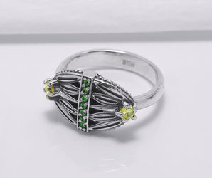 Sterling Silver Lotus Ring with Green and Yellow Gems, Handcrafted Egypt Jewelry