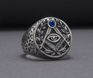 Handmade Ring with Blue Gem And Masonic Symbol, Sterling Silver Jewelry