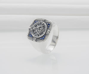 Unique Masonic 925 Silver Ring With Compasses And Gems, Handmade Jewelry