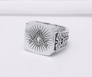925 Silver Masonic Square Ring with Staff of Hermes, Handmade Mason Jewelry