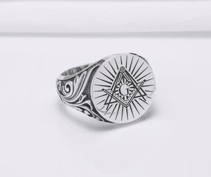 925 Silver Masonic Square and Compasses Signet Ring, Handmade Mason Jewelry