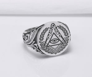 Sterling Silver Masonic Square and Compasses Signet Ring, Handmade Mason Jewelry