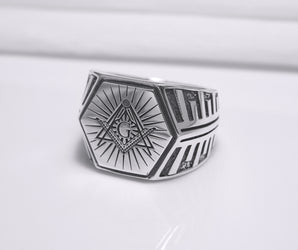 Sterling Silver Hexahedron Square and Compasses Signet Ring, Handmade Mason Jewelry