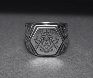 925 Silver Hexahedron Square and Compasses Signet Ring with Moon and Sun, Handmade Mason Jewelry