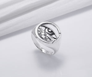 Sterling Silver All Seeing Eye Signet Ring with Chess Board, Handmade Mason Jewelry