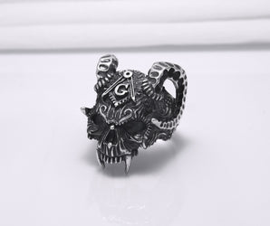 Sterling Silver Ram's Skull Ring with Square and Compasseses, Handmade Mason Jewelry