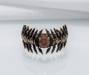 Backbone Ring with Garnet Bronze Handcrafted Unique Jewelry