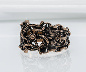 Ship Steering Wheel Symbol Ring with Anchor and Chain Bronze Unique Jewelry