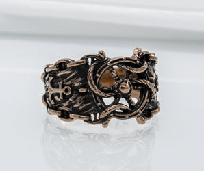 Ship Steering Wheel Symbol Ring with Anchor and Chain Bronze Unique Jewelry