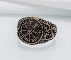 Vegvisir Symbol Ring with Urnes Style Bronze Norse Jewelry