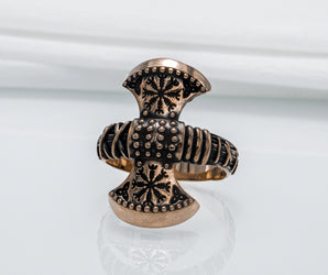 Axe Ring with Helm of Awe Symbol Bronze Viking Jewelry