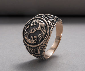 Odin Raven Symbol Ring with Urnes Style Bronze Viking Jewelry
