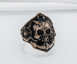 Skull Ring with Anchor Bronze Unique Norse Jewelry