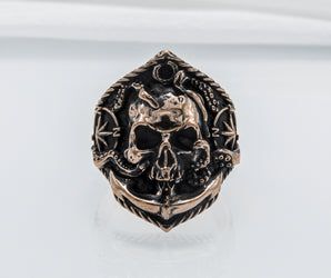 Skull Ring with Anchor Bronze Unique Norse Jewelry
