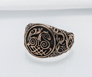 Sleipnir Symbol Ring with Urnes Style Bronze Viking Jewelry