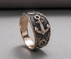 Fish Ring with Anchor Symbol Bronze Handmade Unique Jewelry