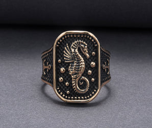Ring with Seahorse Symbol and Anchor Bronze Jewelry