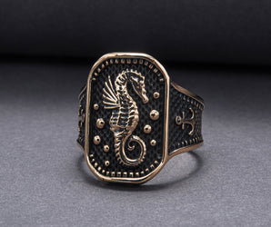 Ring with Seahorse Symbol and Anchor Bronze Jewelry