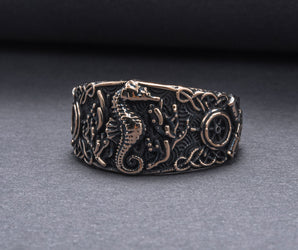 Seahorse Ring with Ship Steering Wheel Bronze Jewelry