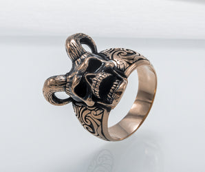 Skull with Horns Ring Bronze Handmade Jewelry