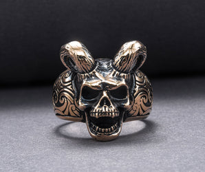 Skull with Horns Ring Bronze Handmade Jewelry