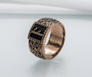 Viking Ring with Ansuz Rune and Norse Ornament Bronze Jewelry