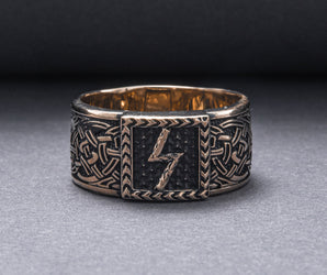 Viking Ring with Sowulo Rune and Norse Ornament Bronze Jewelry