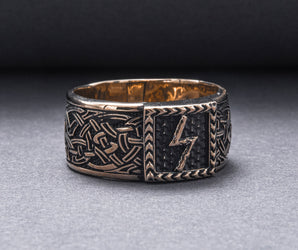Viking Ring with Sowulo Rune and Norse Ornament Bronze Jewelry