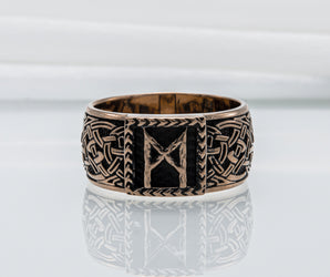 Viking Ring with Mannaz Rune and Norse Ornament Bronze Jewelry
