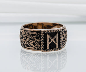 Viking Ring with Mannaz Rune and Norse Ornament Bronze Jewelry