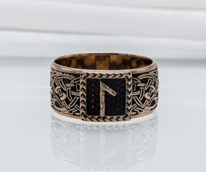 Viking Ring with Laguz Rune and Norse Ornament Bronze Jewelry